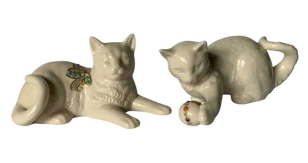 2 Lenox Jewels Collection Reclining Cats Figurine Cat Set MCM USA